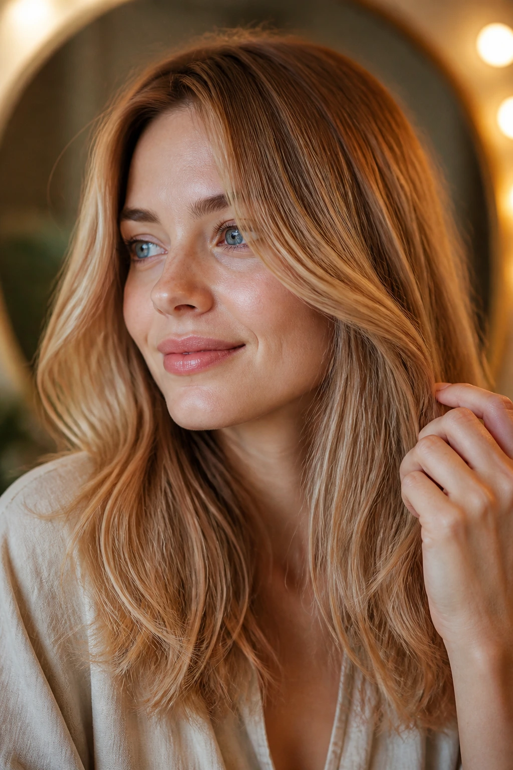 Close-up of hair showing gloss on ends and subtle root shadow on strawberry blonde.