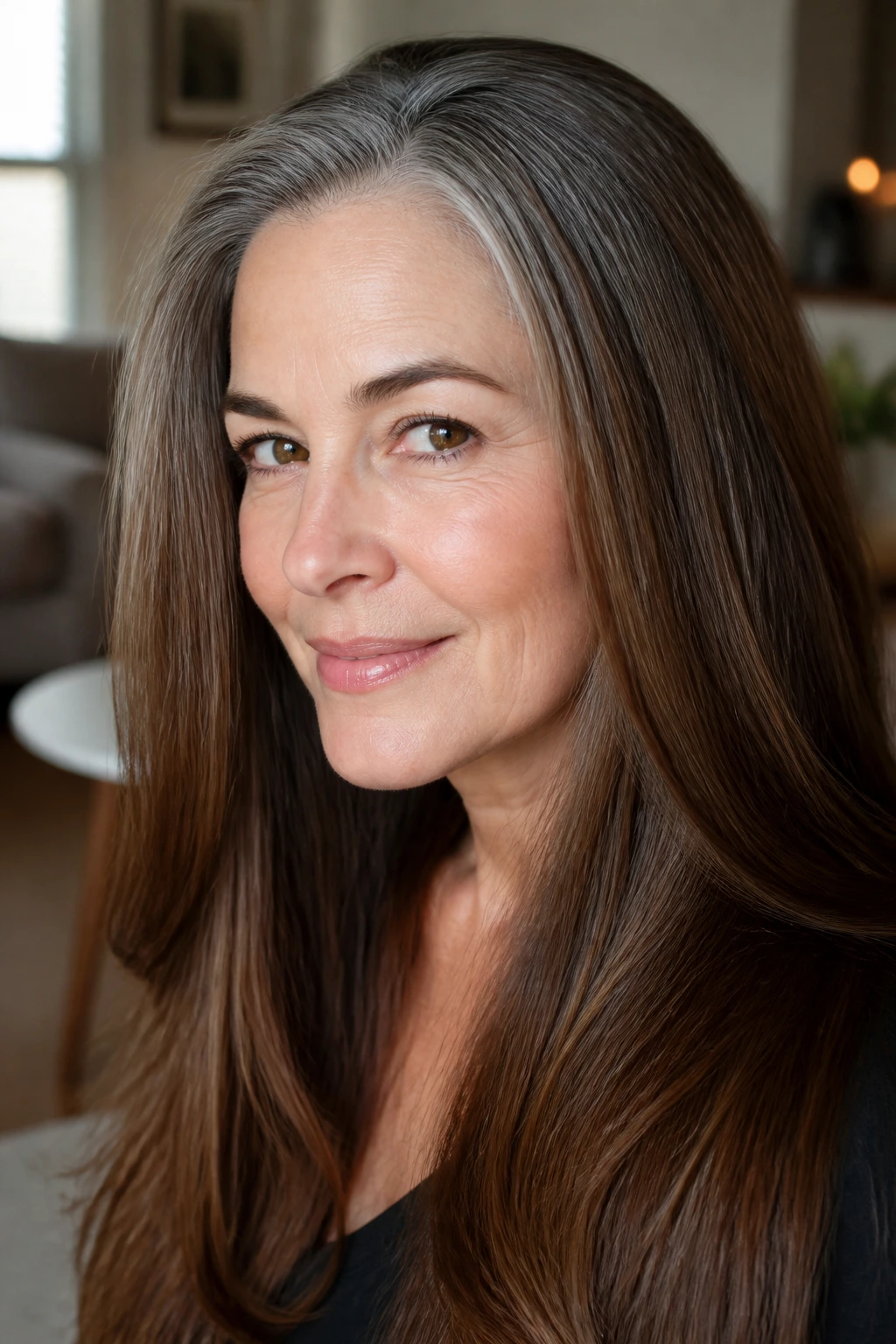Close-up of a real woman with glossy gray-to-brown hair in a gentle grow-out transition