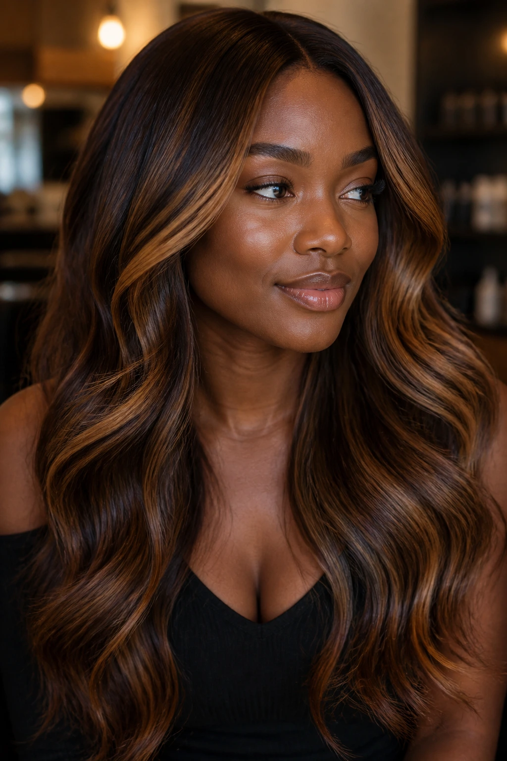 Portrait of a woman with glossy caramel highlights along long hair