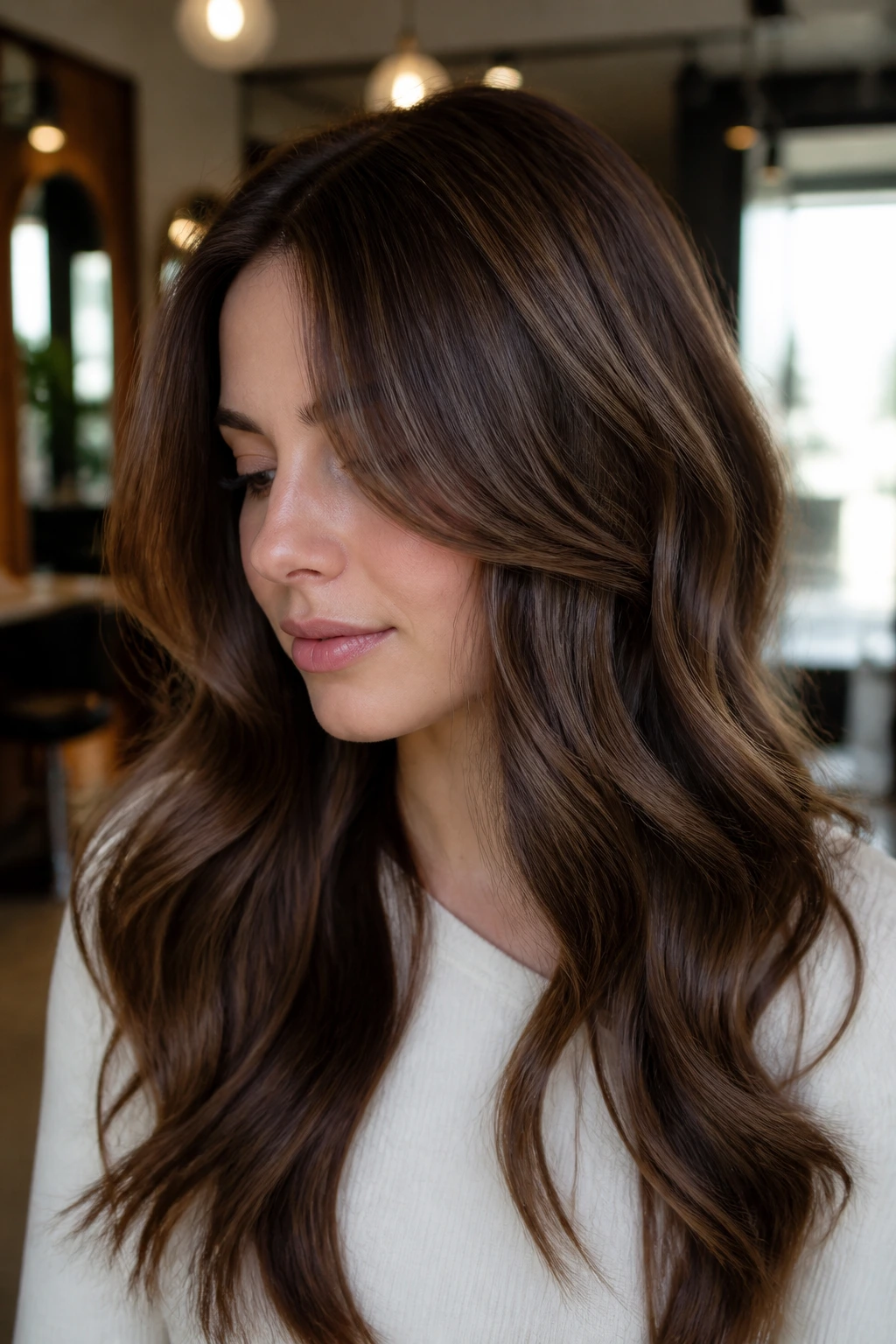 Close-up of a real woman with glossy brown hair and lowlights in a warm salon setting