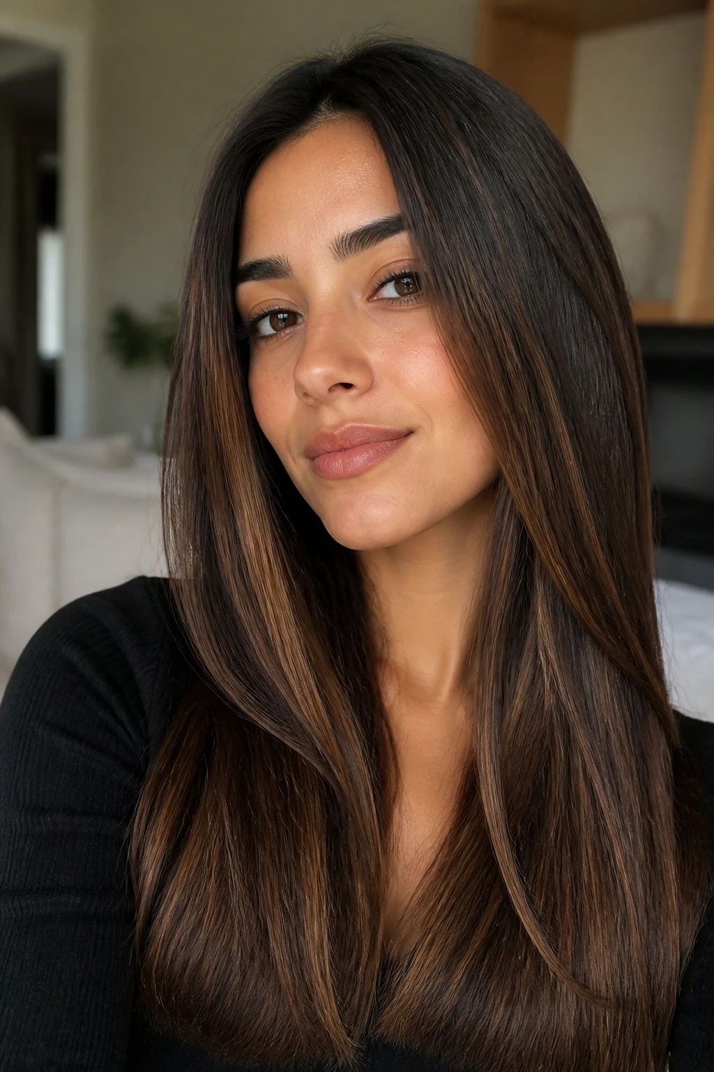 Woman with glossy brown hair in a cozy indoor space.