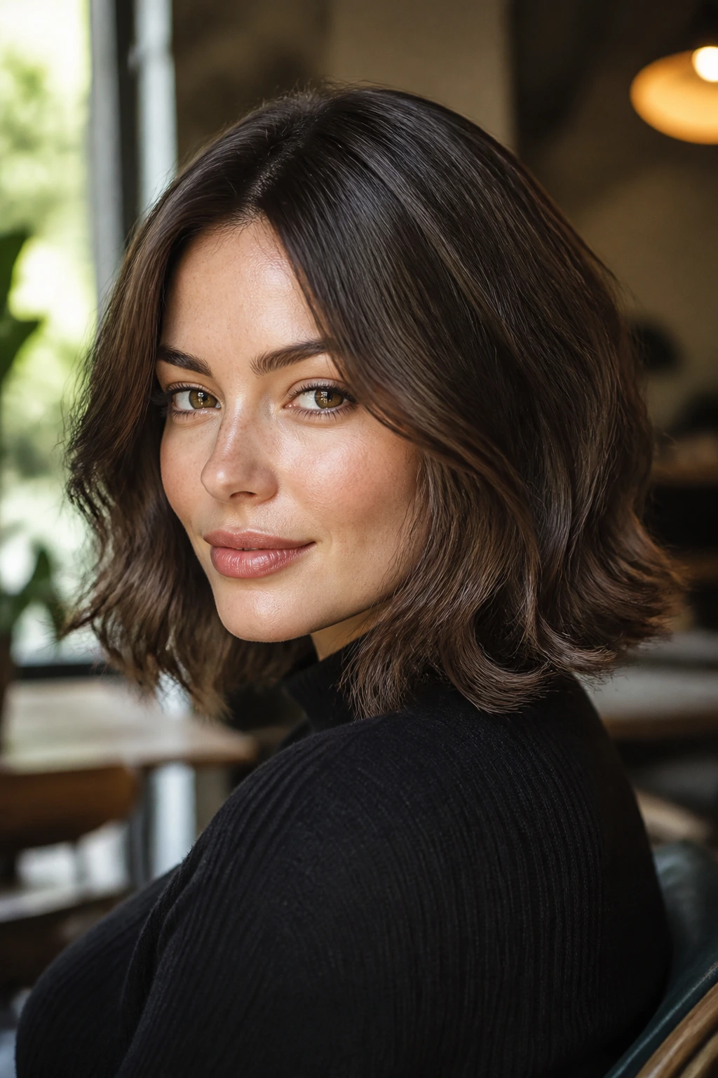 Close-up of a real woman with glossy lob and minimal layers.