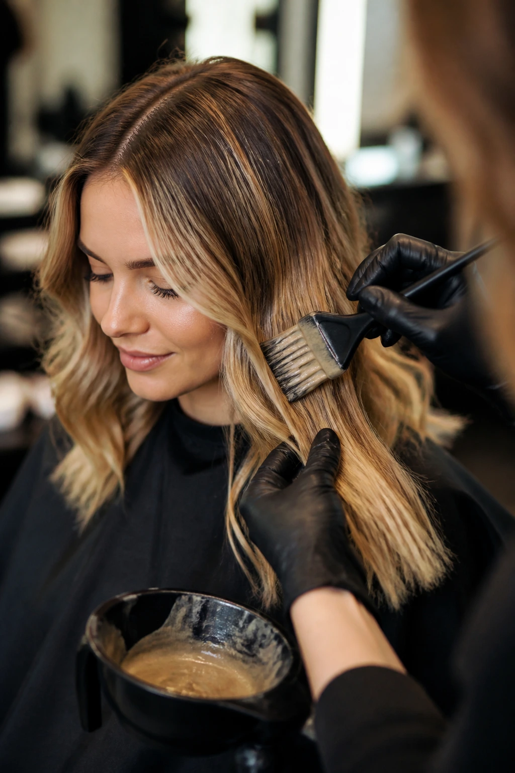 Stylist applying glossy glaze to hair to boost warm blonde