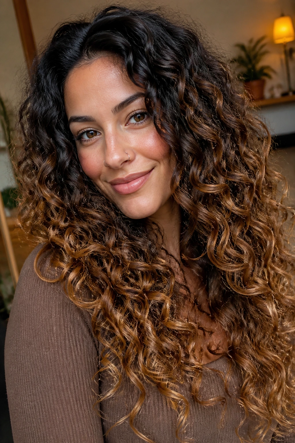 Close-up of glossy ombre on curly hair ends