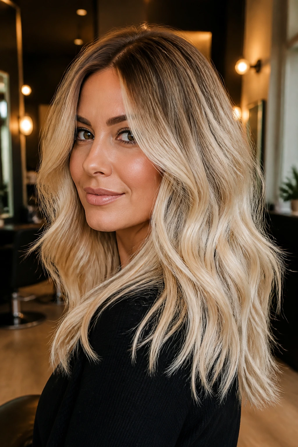 Portrait of a person with glossy beige-champagne tones blending into platinum, illustrating color boost tips