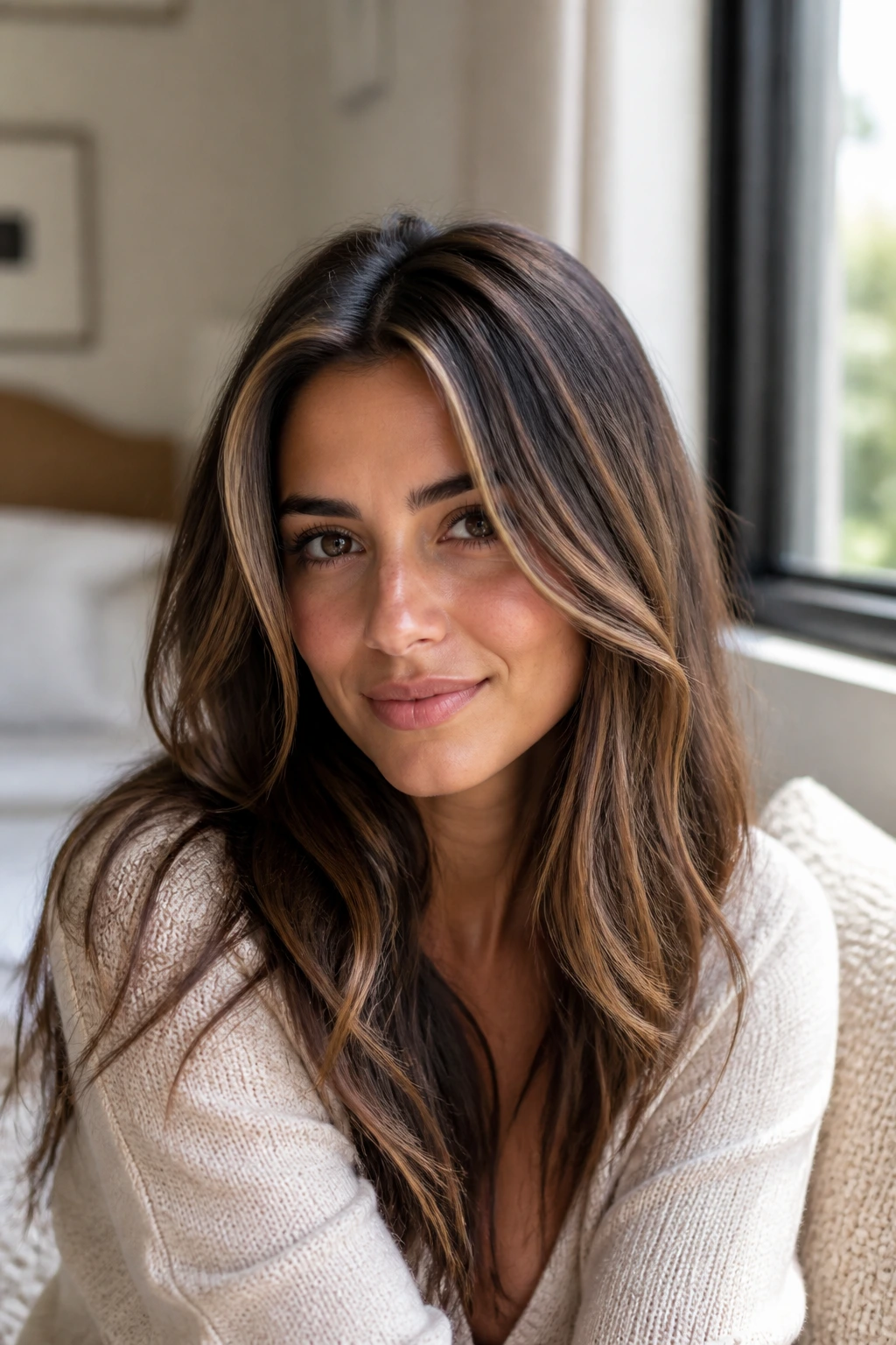 Close-up of brunette with gloss, root-shadow and subtle lowlights to change the look