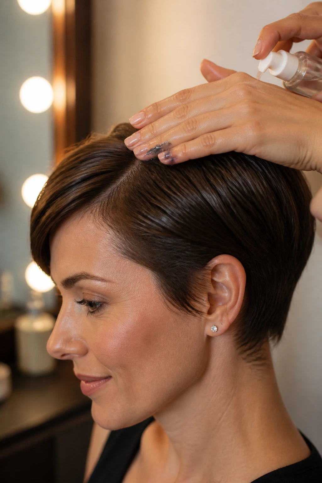 Hand smoothing gloss serum onto short hair for a polished finish