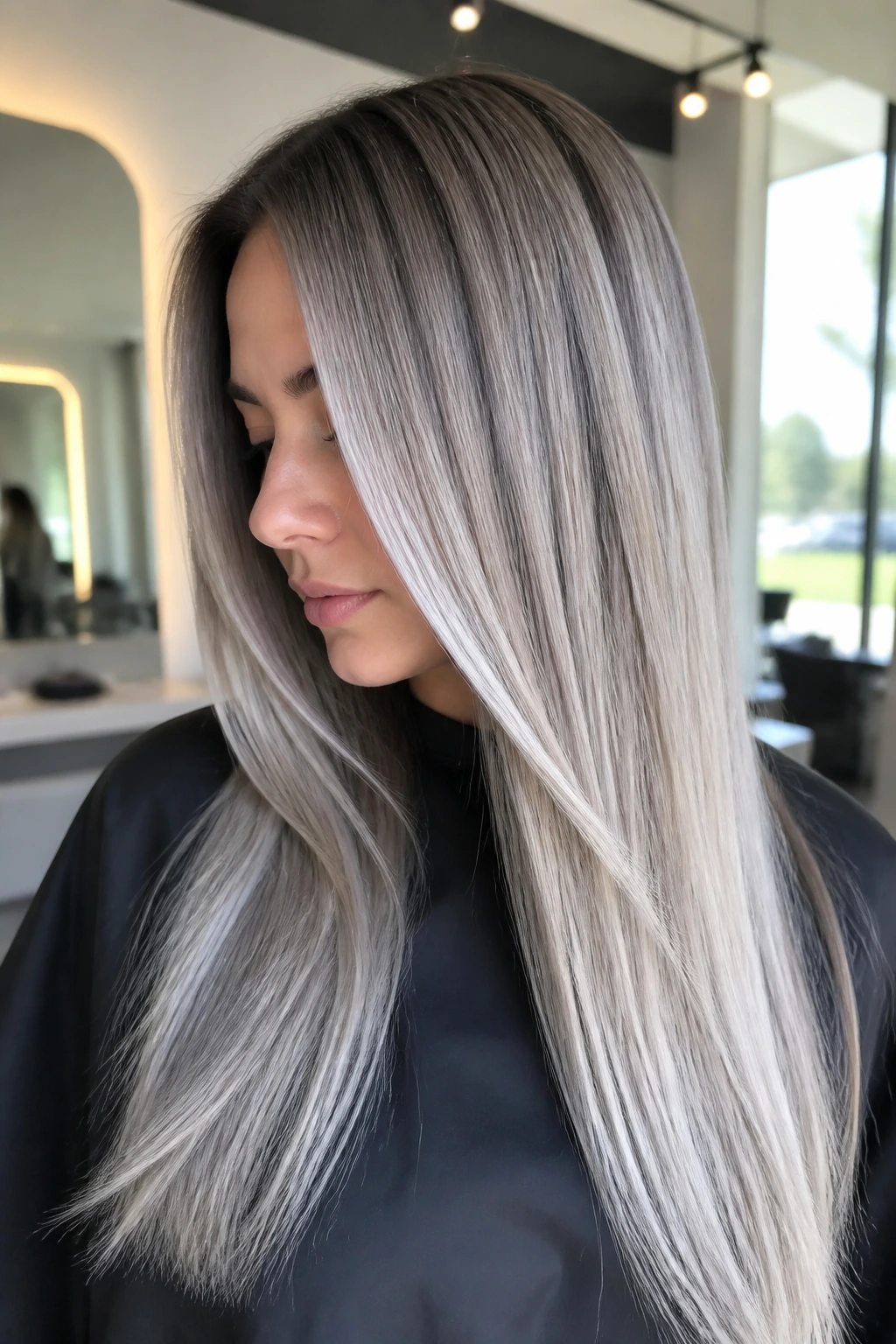 Close-up of woman with glossy silver-blonde hair in salon lighting