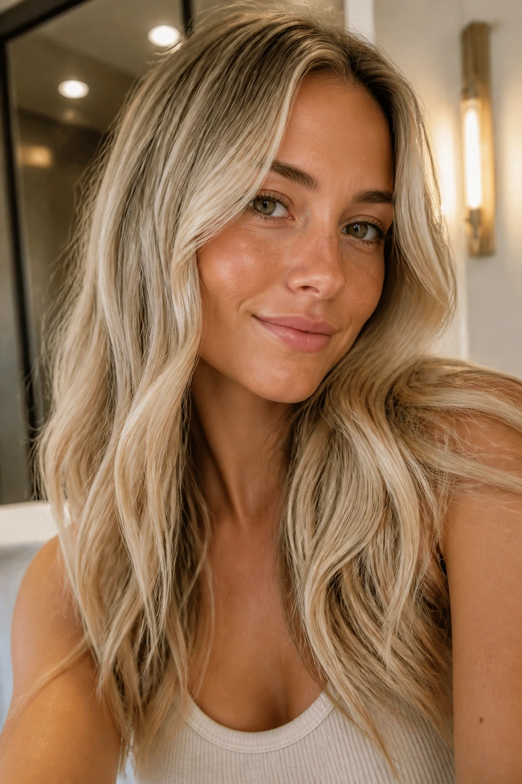 Close-up of a woman with glossy soft blonde hair