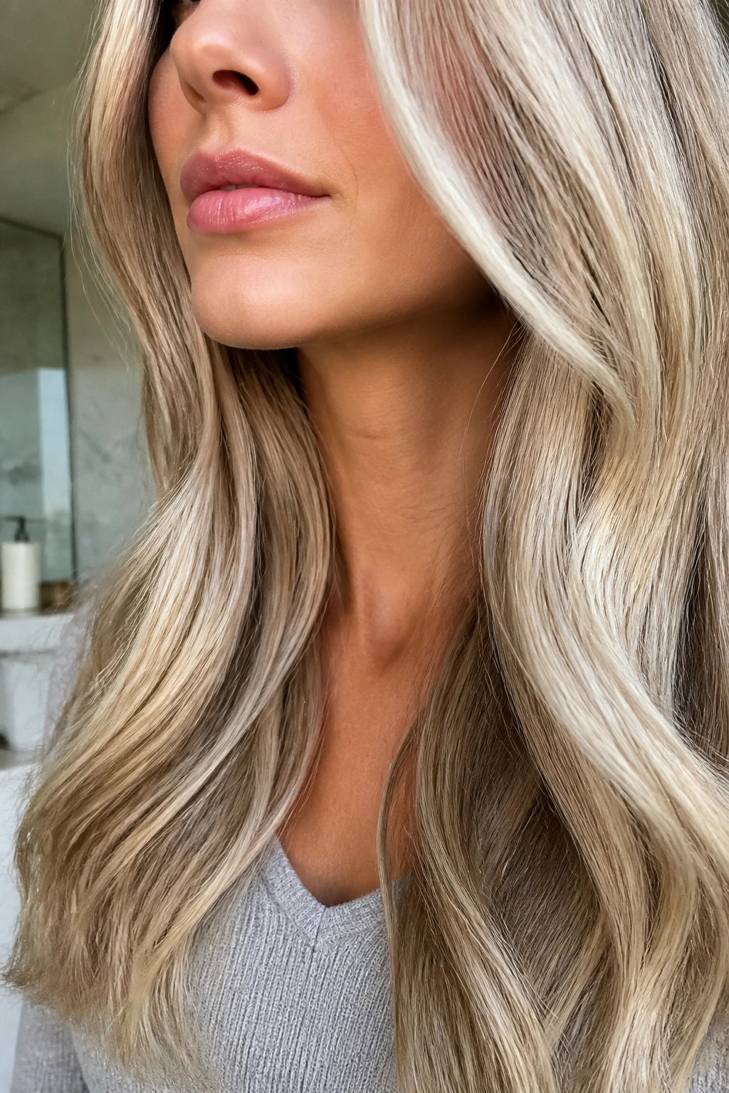 Close-up of glossy cool blonde hair around the face