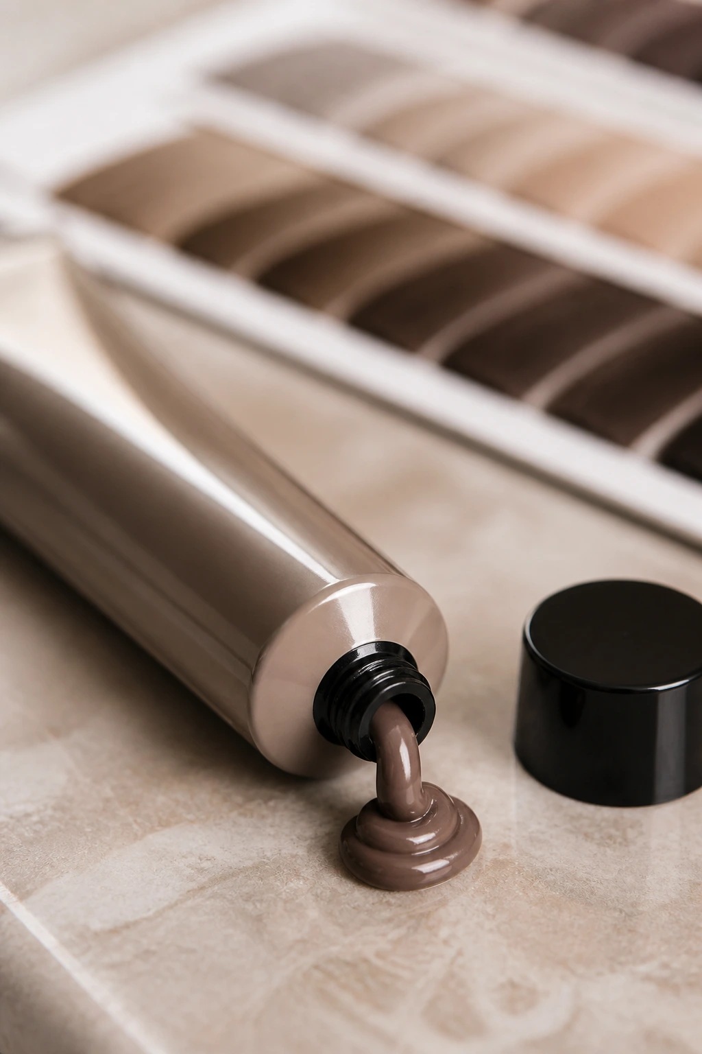 Gloss tube on a clean surface with color swatches to illustrate cool brown shade selection