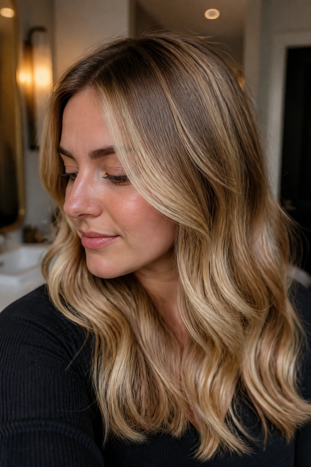 Portrait of a real woman with glossy warm blonde hair and subtle root shadow in warm bathroom lighting.