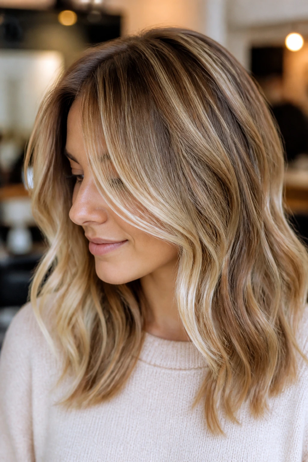 Close-up of hair with warmer gloss and root lift showing a richer look
