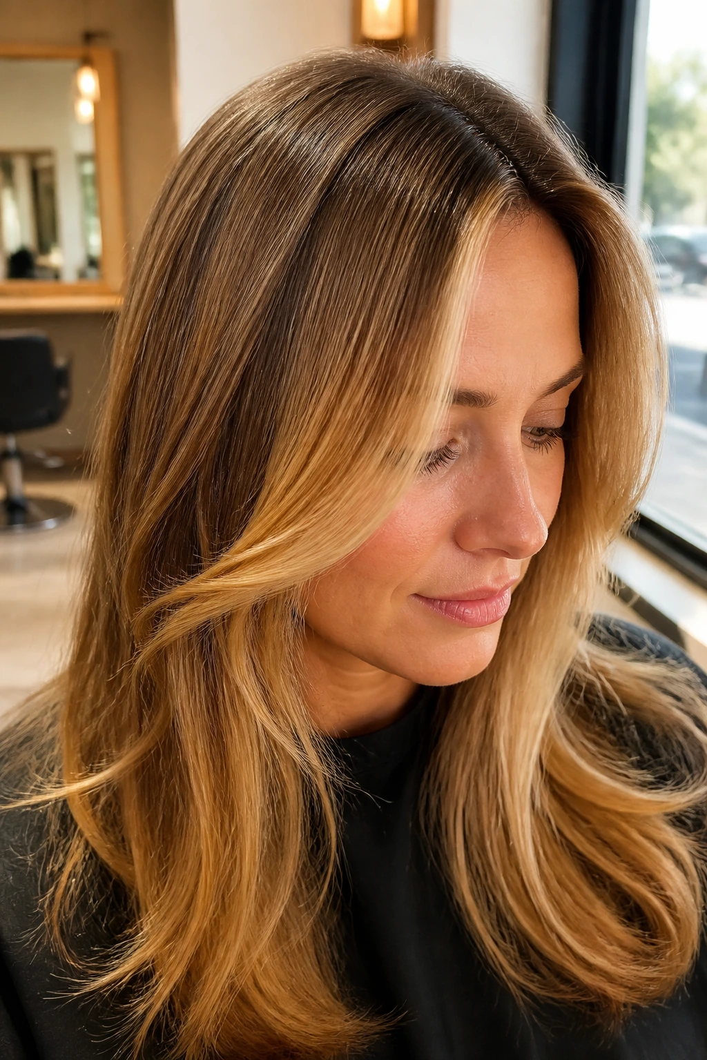 Close-up of warm-toned hair with beige-gold gloss and face-framing highlights in a sunlit salon