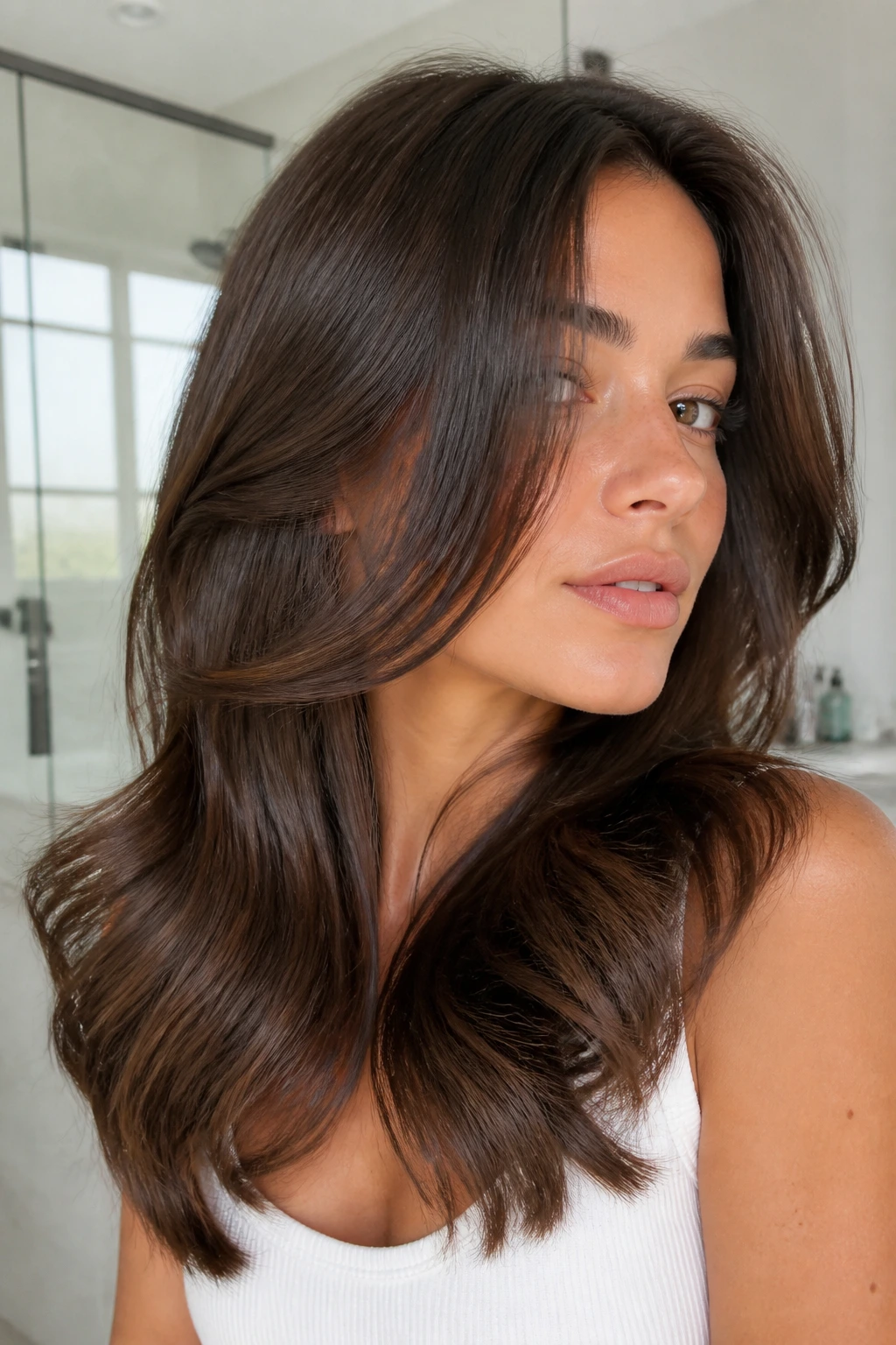 Close-up showing glossy brushed-out waves with soft ends.