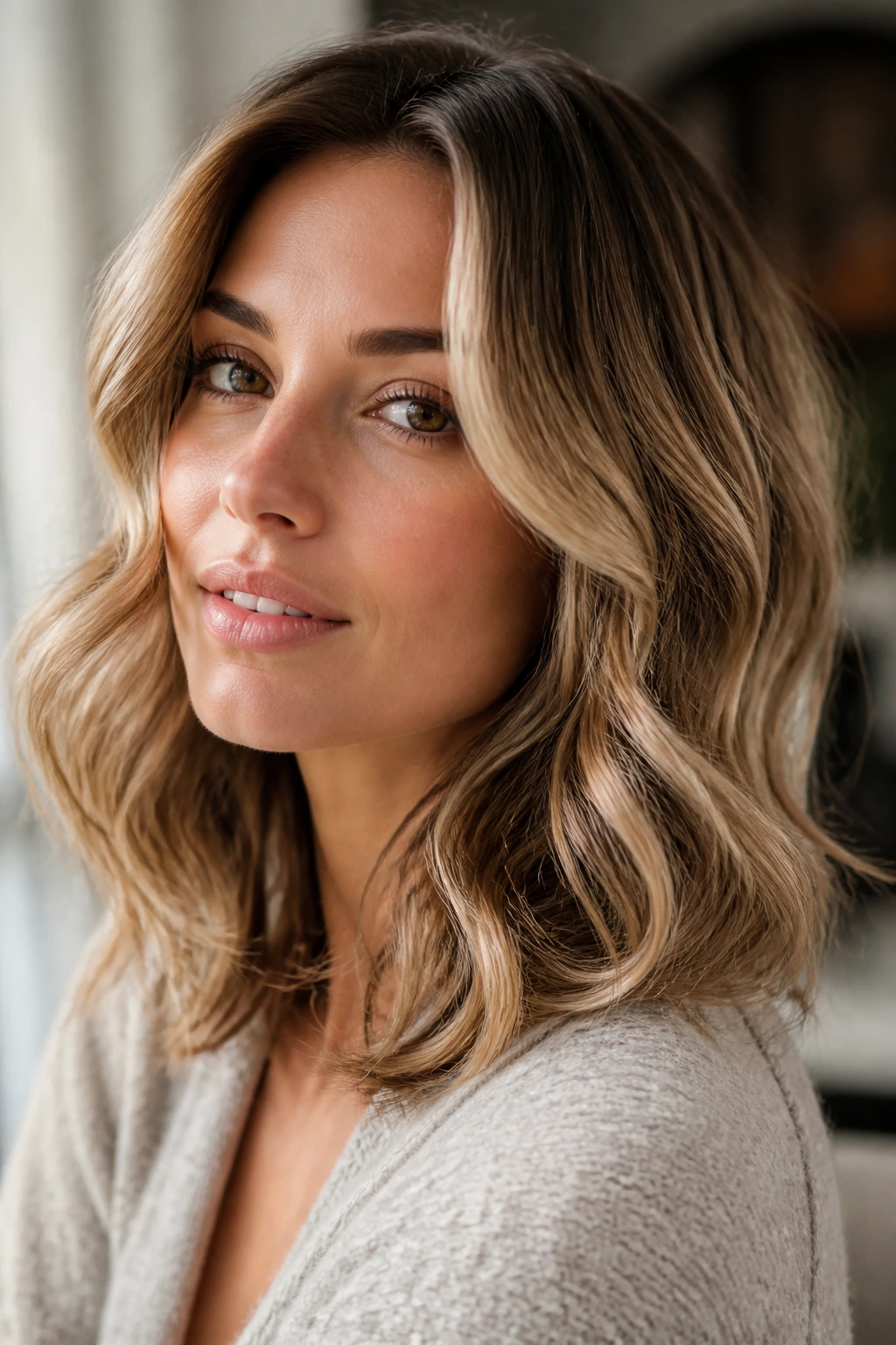 Close-up portrait of a real woman with brushed-out gloss waves