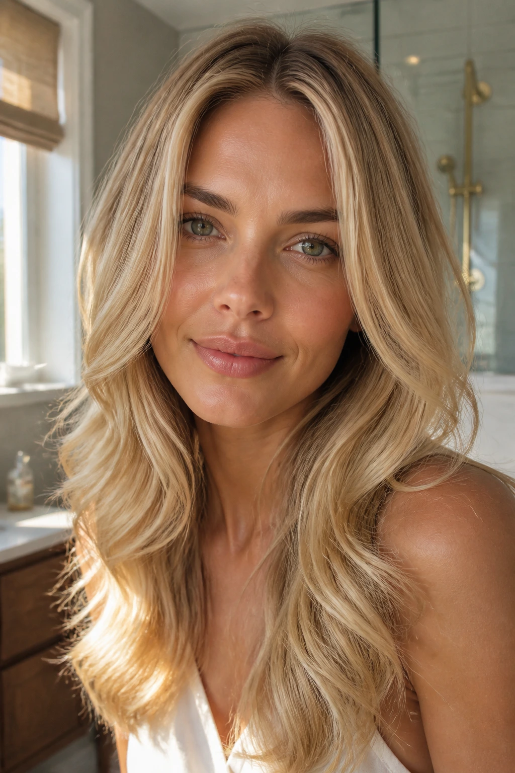 Close-up portrait of a real woman with glossy blonde blowout waves around her face