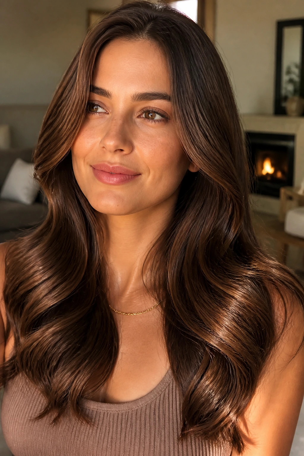 Brunette with glossy blowout waves catching light in warm room