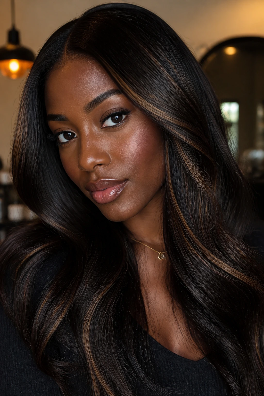 Portrait of a woman with a glossy brunette and subtle caramel highlights