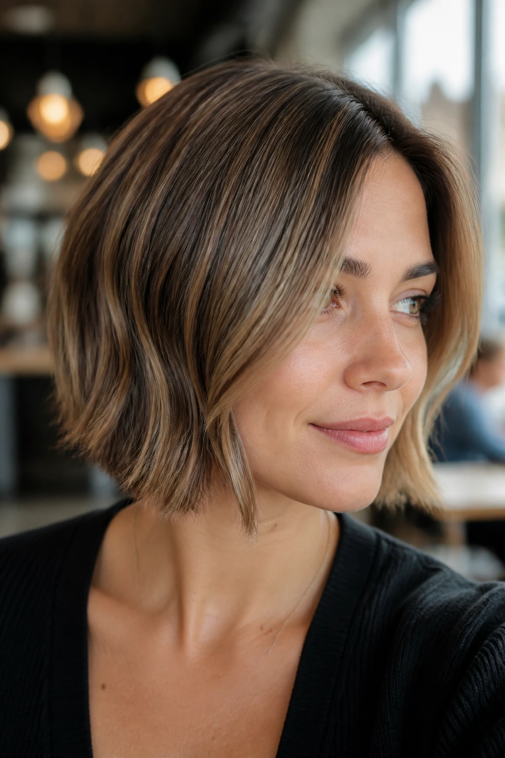Close-up of a real woman with glossy caramel babylights on a soft bob in daylight