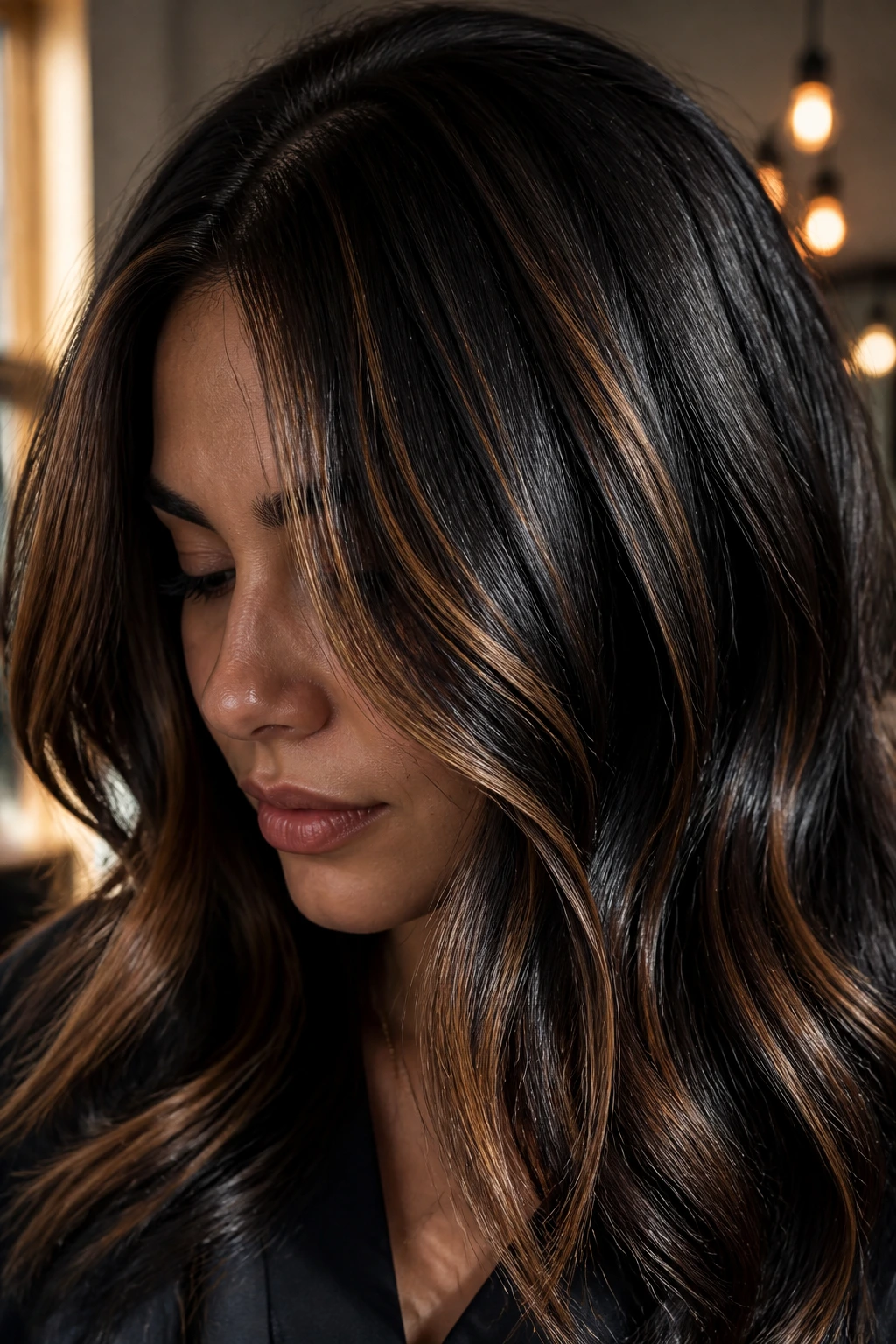 Close-up of glossed caramel over black hair