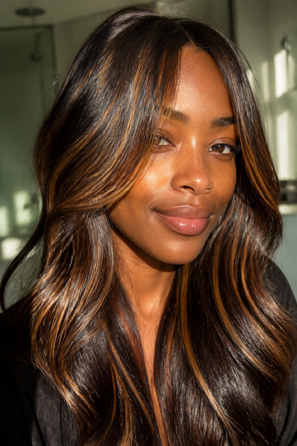 Portrait of a person with glossy caramel hair glow.