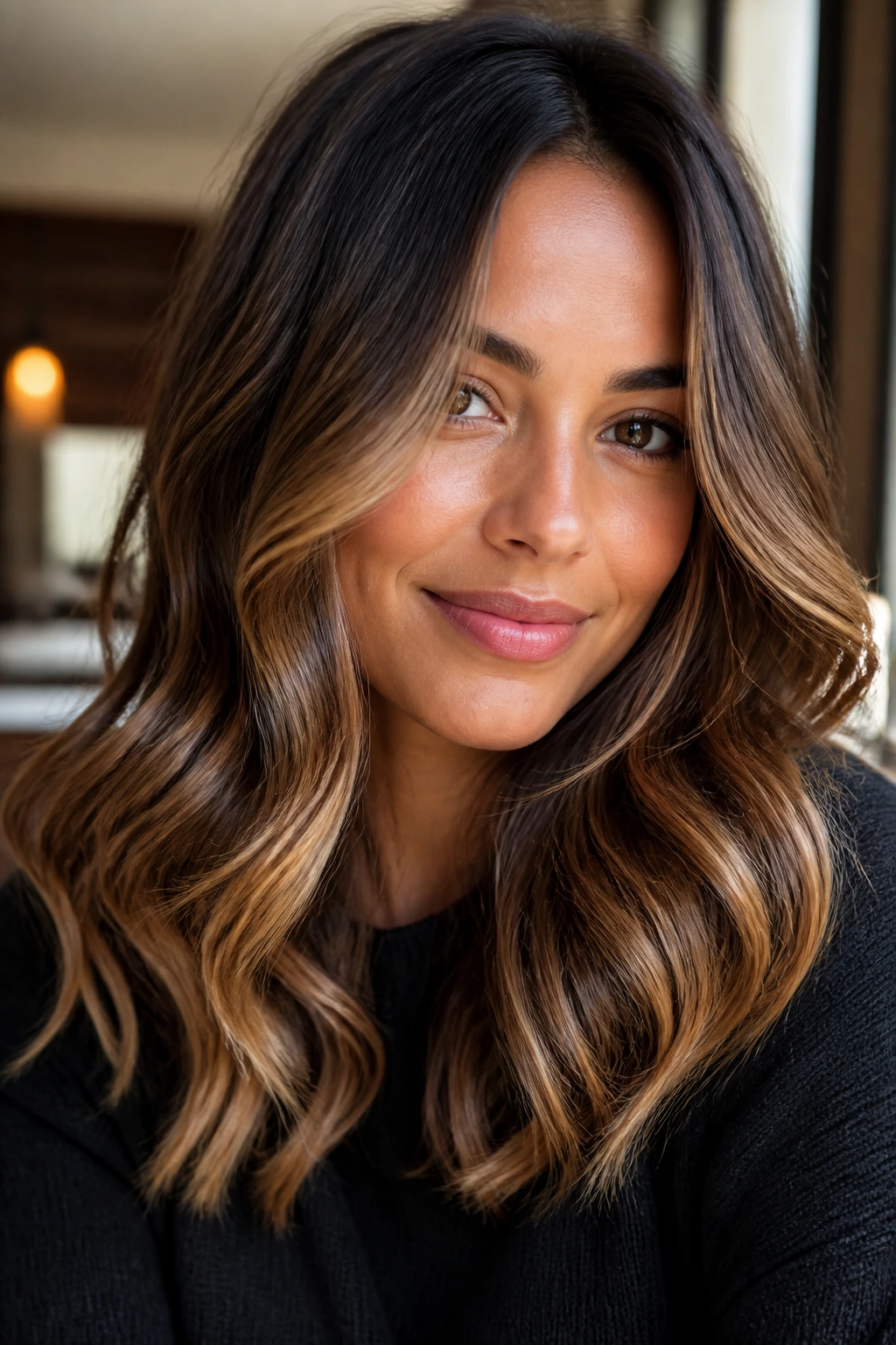 Close-up of a real woman's glossy caramel balayage with beachy waves