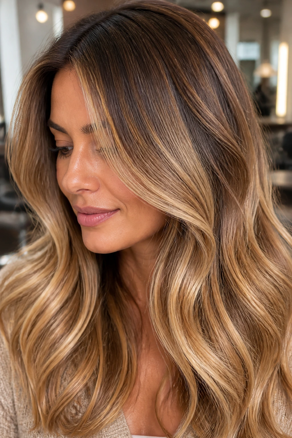 Close-up of a person with glossed honey blonde and lowlights