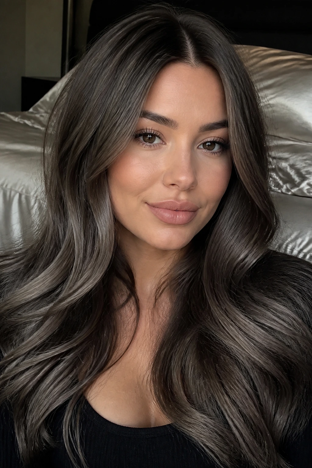 Close-up of real woman with long brunette gray glossed hair with waves
