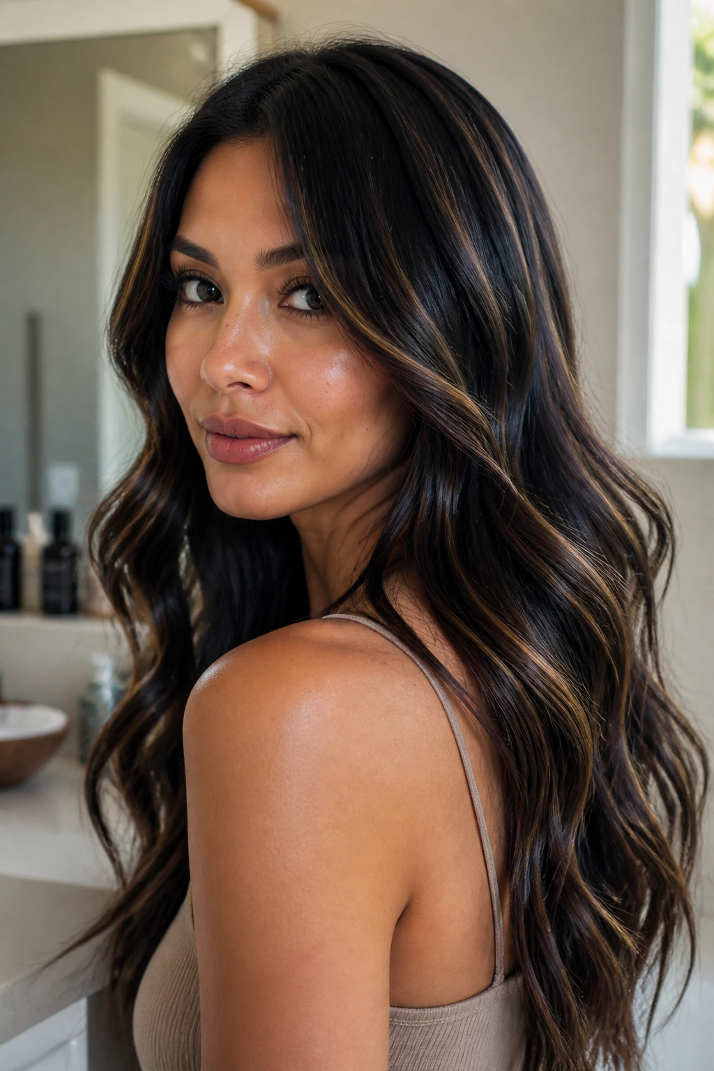 Close-up of glossy hair with bright shine on a real person