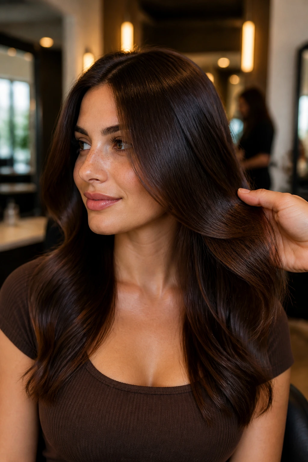 Real-person portrait with glossy brunette hair and root dimension