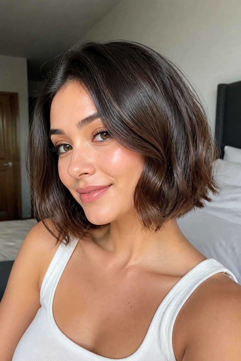 Portrait of a real woman with a glossy airy bob and reflective shine.