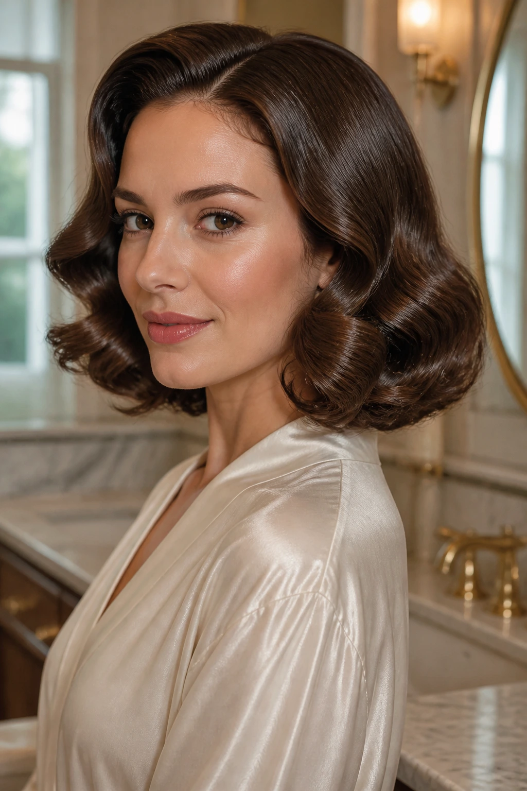 Close-up of a real woman with glossy barrel curls framing the jaw in a stylish bathroom.
