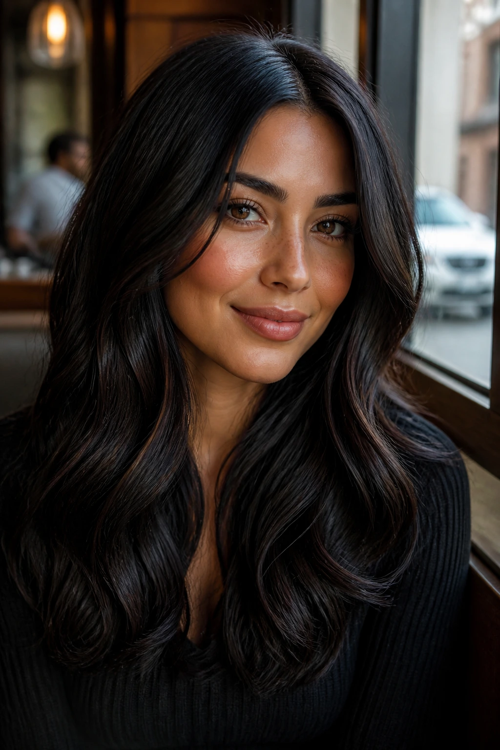 Close-up portrait of a real person with glossy black hair and cocoa babylights on olive skin