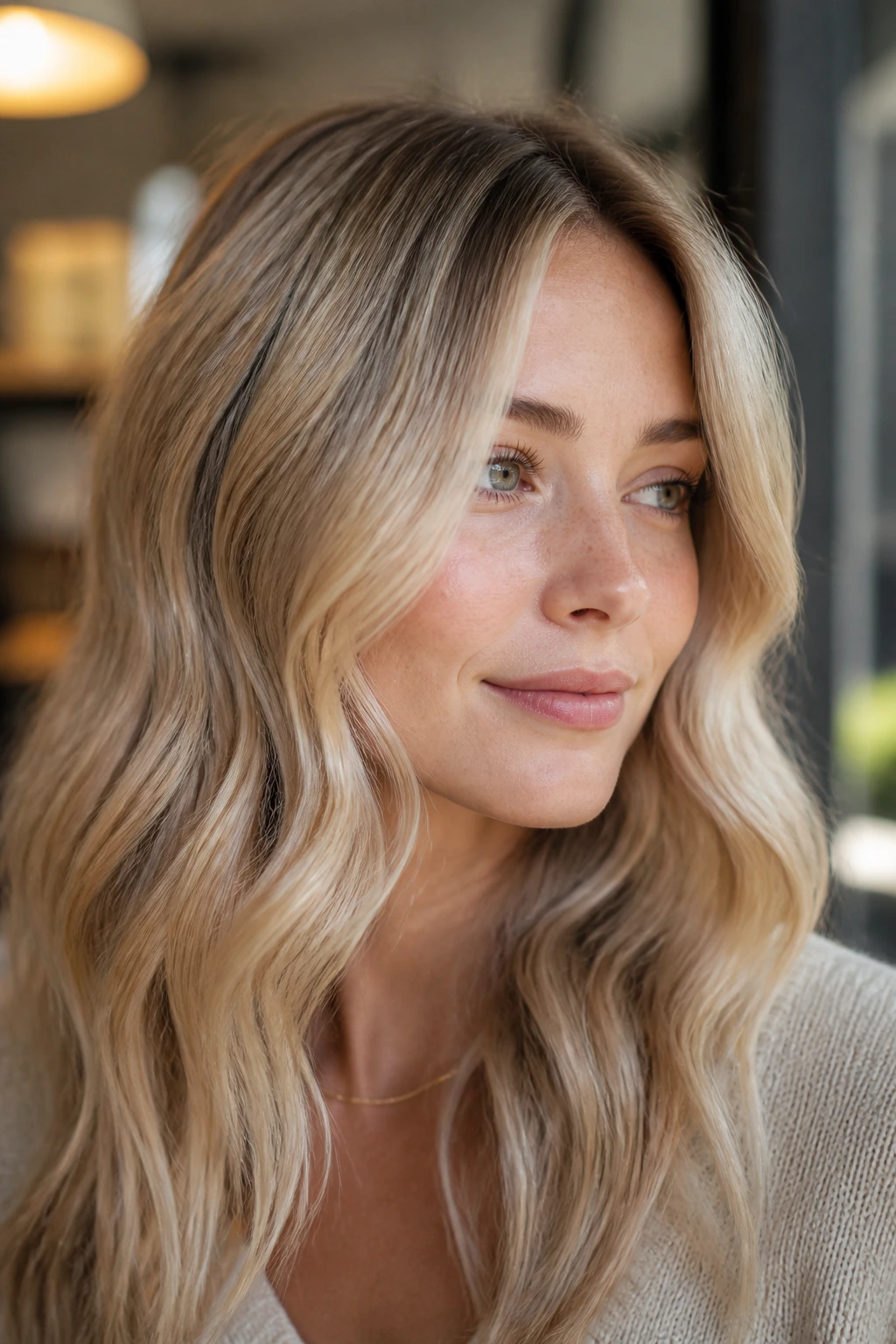 Close-up portrait of a real woman with glossy beige-blonde hair and subtle face-framing pieces in warm window light.