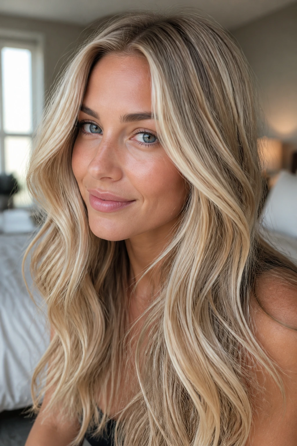 Close-up of a real woman with glossy champagne-beige blonde hair showing texture and face-framing shine