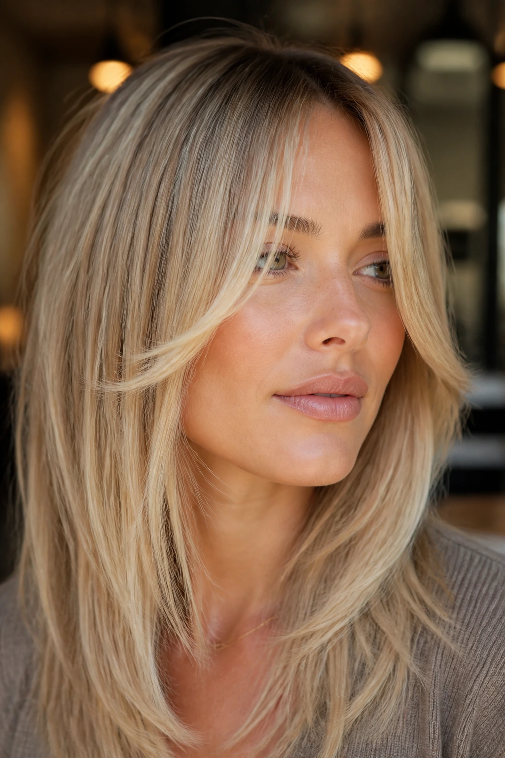 Close-up of a real woman with glossy blonde hair and point-cut ends