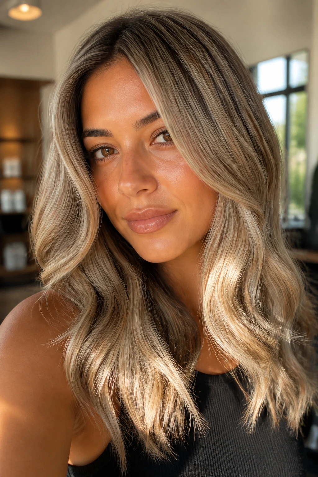 Portrait of a real woman with shiny blonde hair and soft ends in natural light