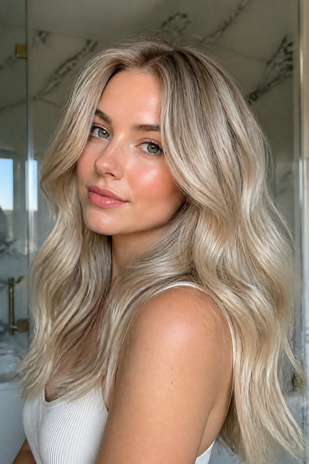 Glossy cool-blonde hair portrait with bright shine
