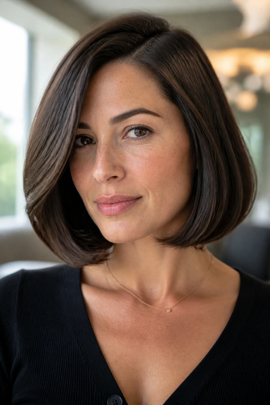 Portrait of a woman with a glossy blowout bob in a soft-lit setting