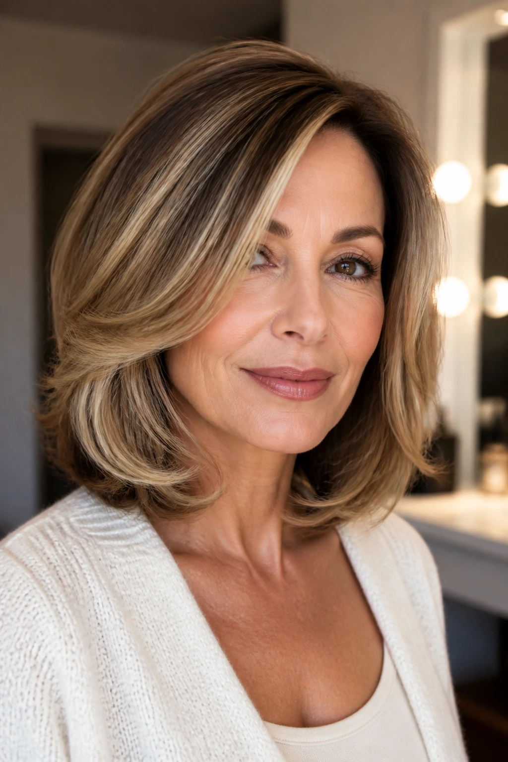 Close-up portrait of a woman with a glossy blowout bob, smooth waves and neat face framing.