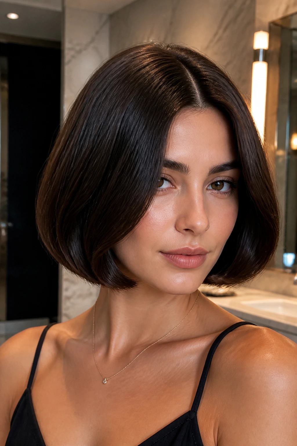 Close-up of a real woman with a glossy blowout center-parted bob in a chic bathroom