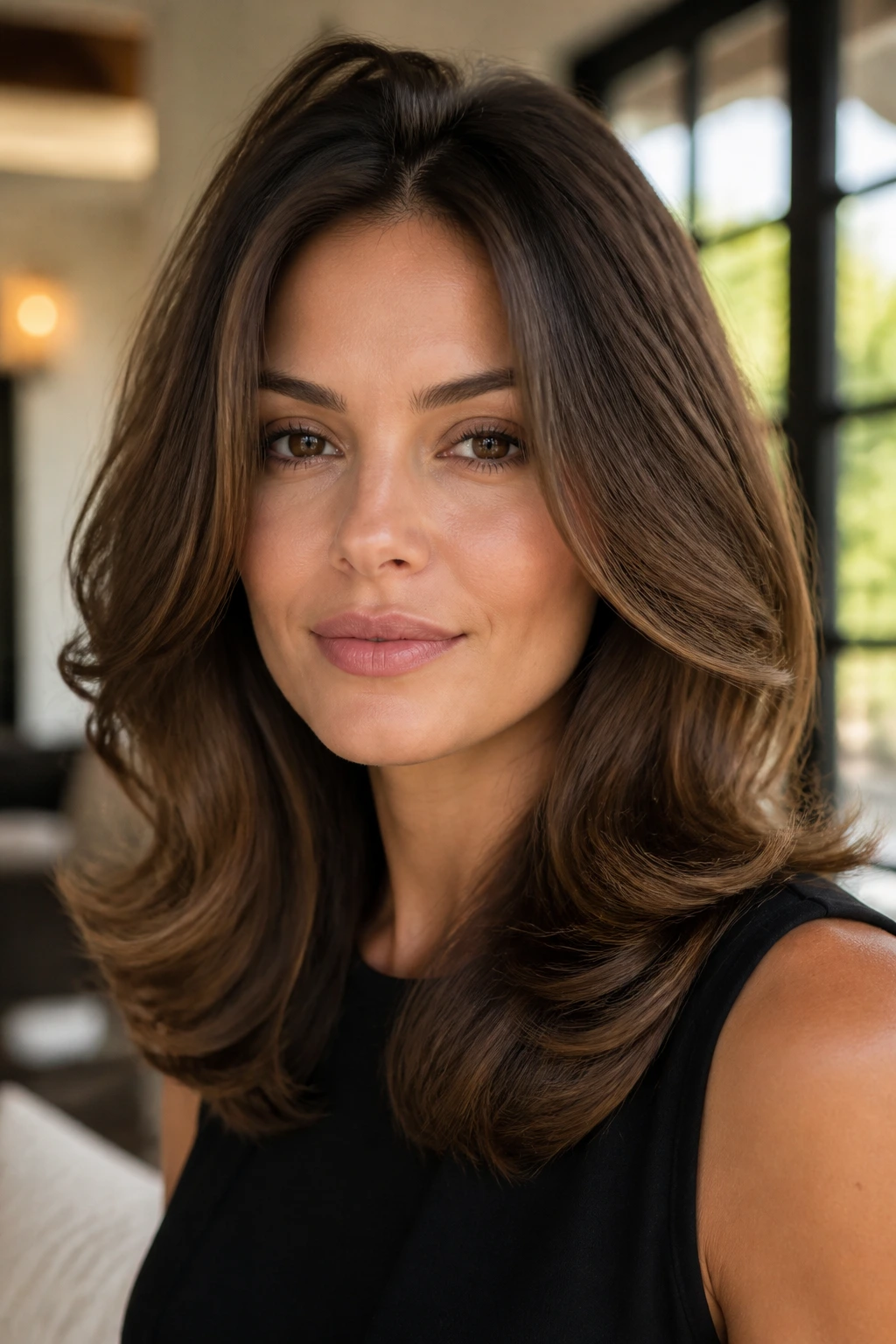 Real woman with glossy brown hair in a blown-out style with airy ends