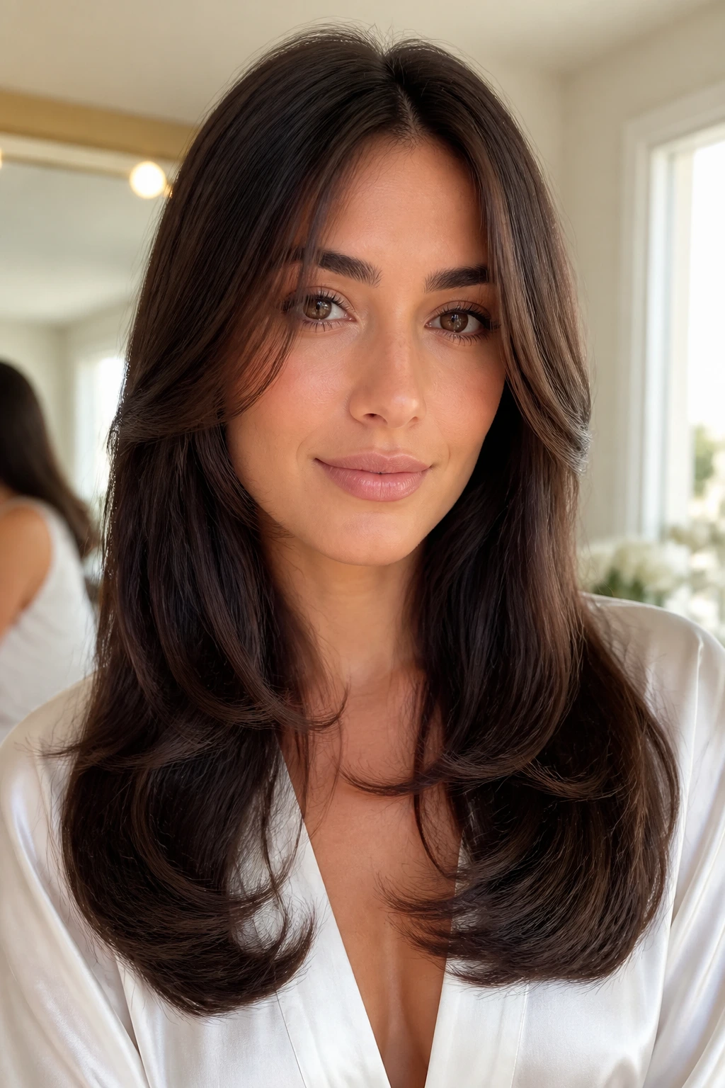 Woman with glossy blowout and face-framing pieces portrait