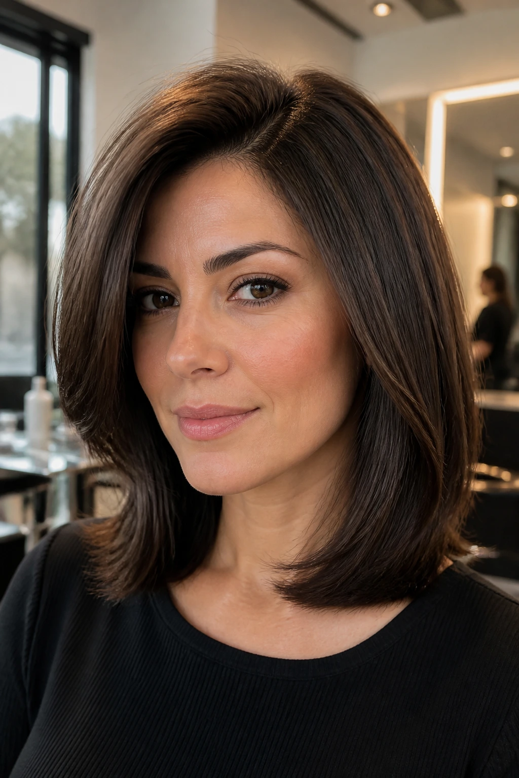 Close-up of a woman with a glossy blowout lob hairstyle