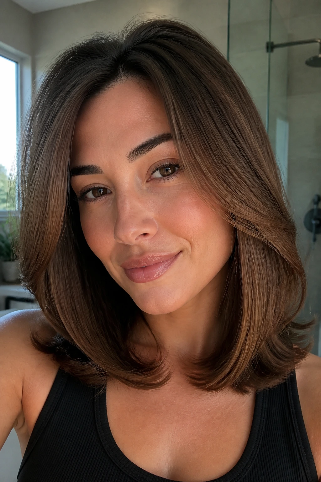 Close-up of a real woman with a glossy blowout lob and rounded ends.