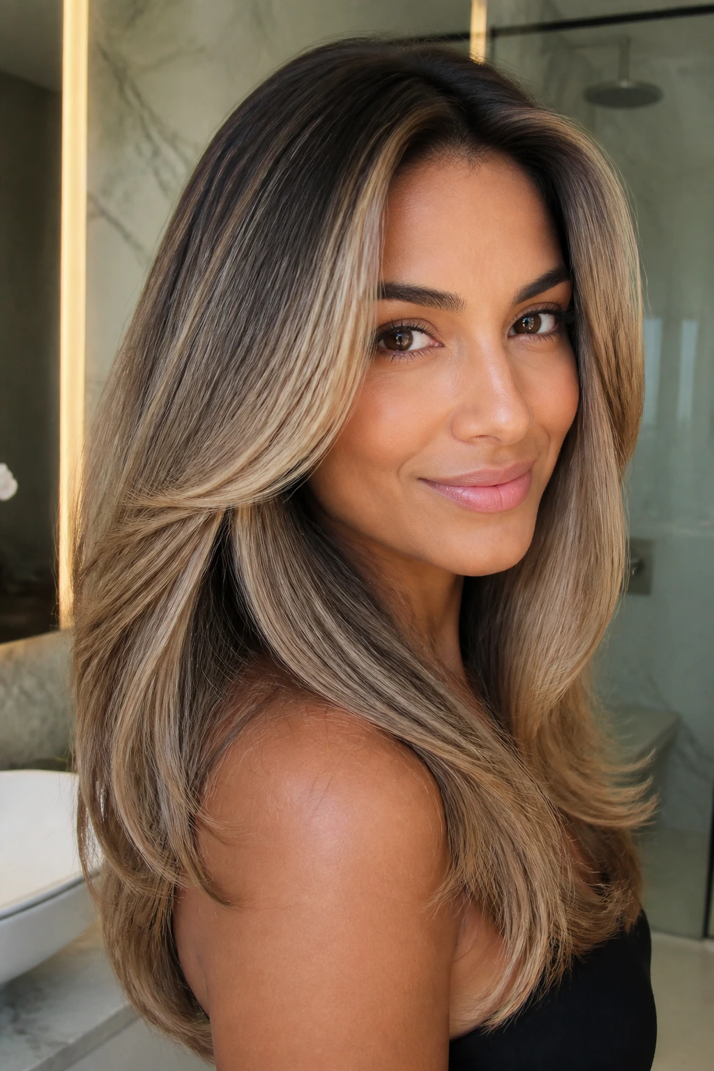 Close-up of a real woman with a glossy blowout in soft sand beige.