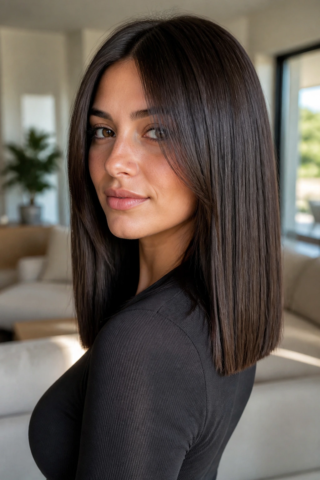 Portrait of a real woman with glossy blunt-length hair and hidden front layers.