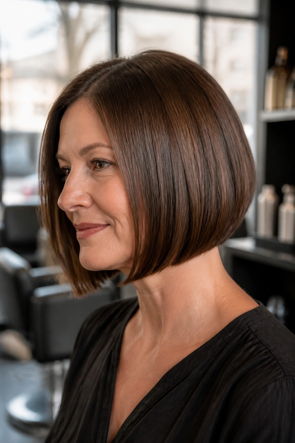 Close-up portrait of a real woman with a sleek glossy bob showing inner shaping
