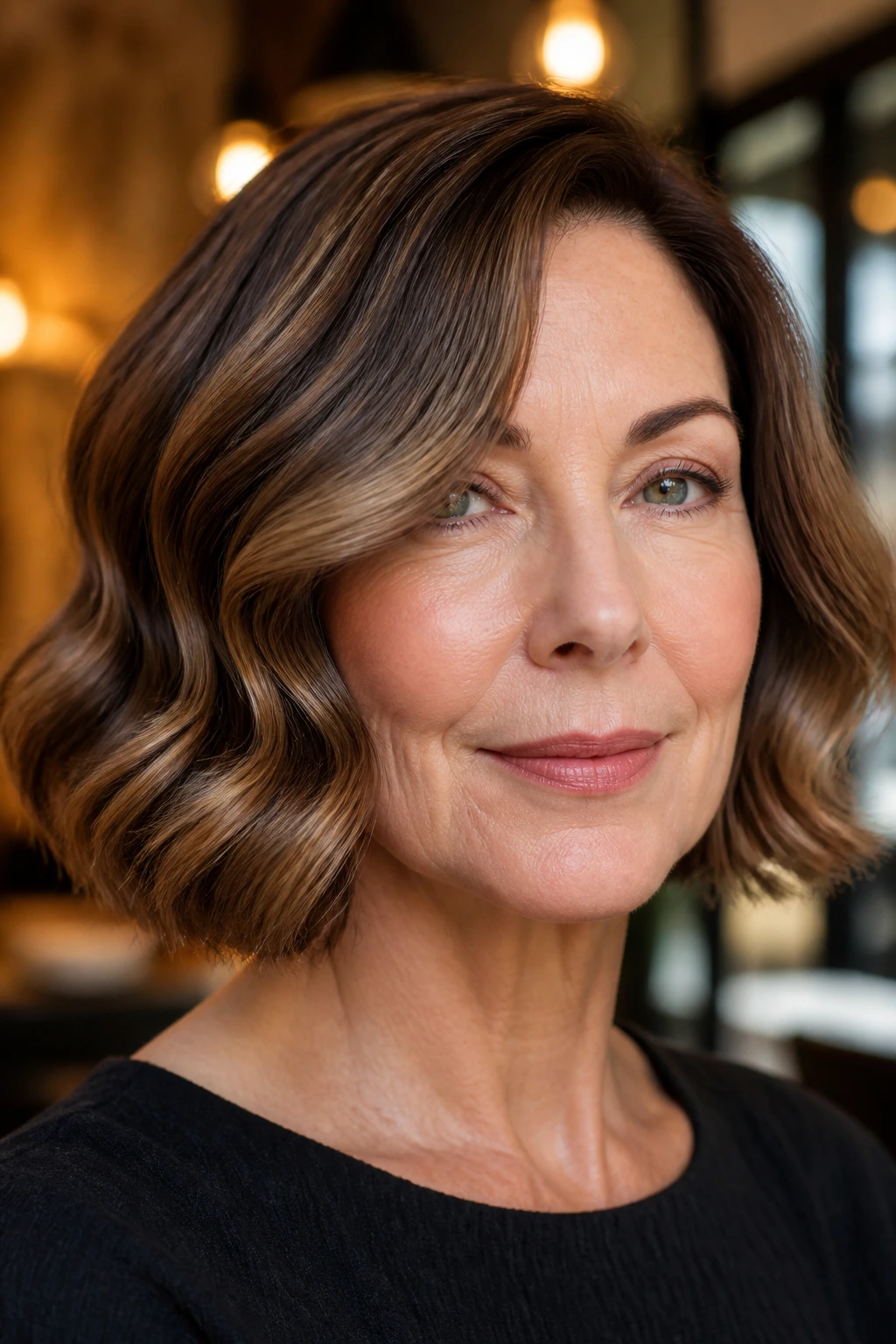 Close-up of a real woman with a glossy wavy bob and polished finish.